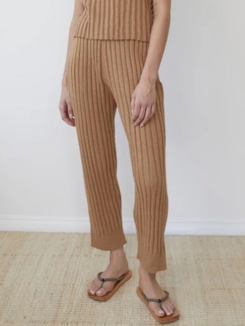 Ribbed Knit Wide-Leg Pants - Camel